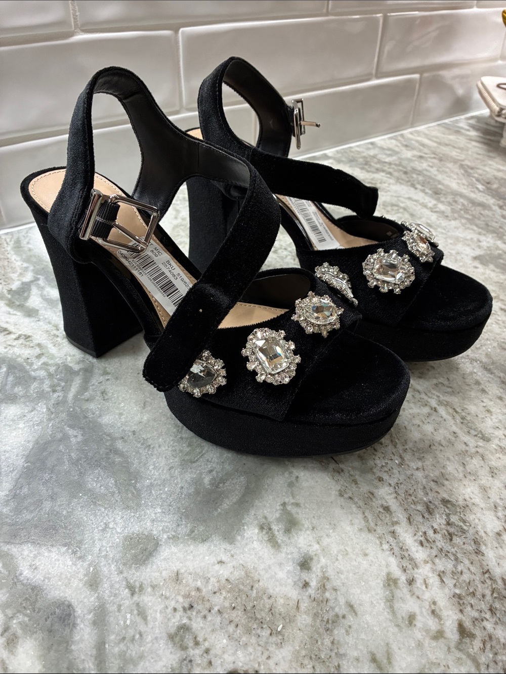 Copper Key Black Velvet Platform Jewel-Embellished Sandals